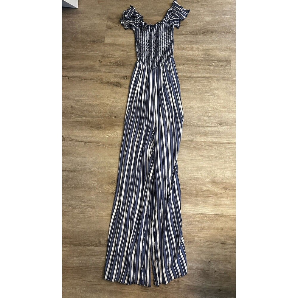 For Justify XL Blue White Stripe Smocked Wide Leg Off Shoulder Jumpsuit Romper - Picture 6 of 13
